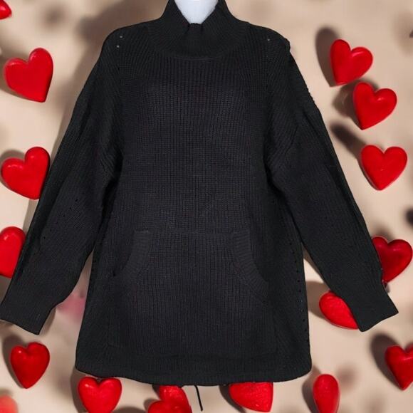 RDI Women’s Black Tunic Sweater Size Medium – Mock Neck Kangaroo Pocket Boho - Picture 1 of 7